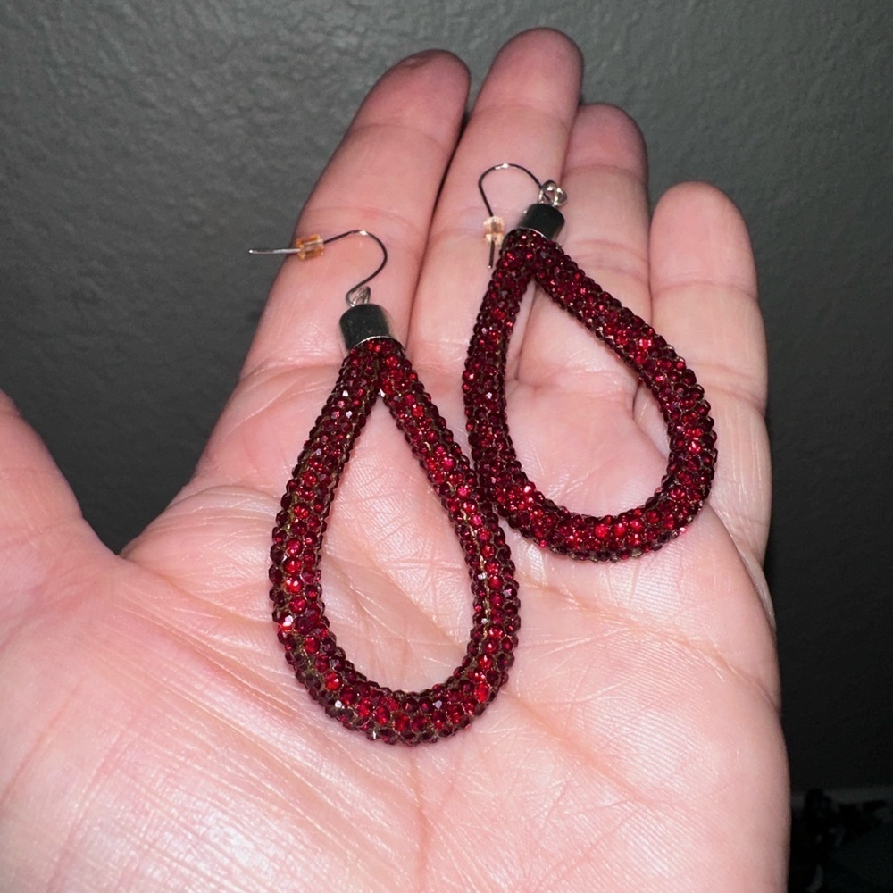 Red Crystal Loop Earrings - Picture 3 of 3